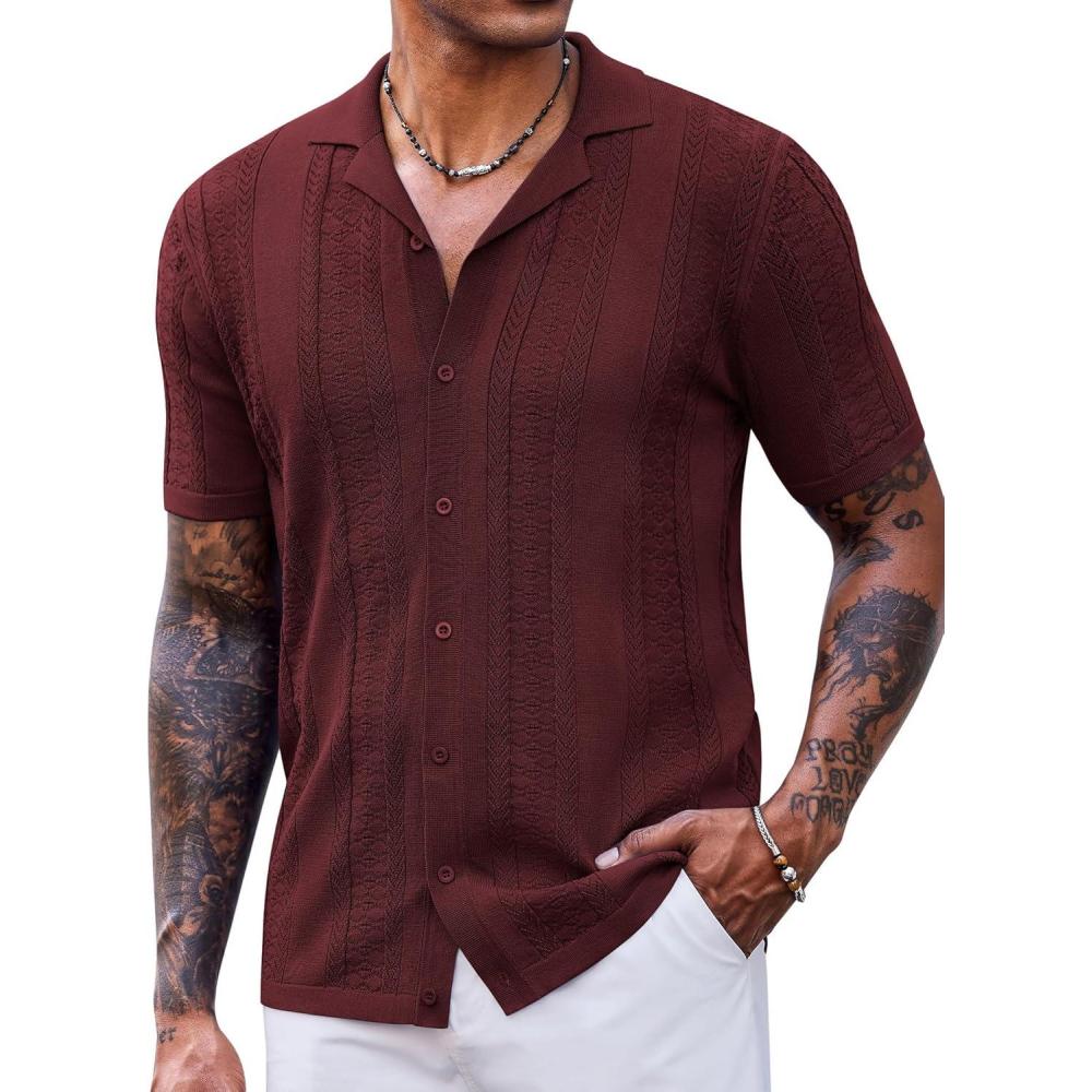 imageCOOFANDY Mens Knit Shirts Vintage Short Sleeve Button Down Shirt Casual Summer Beach ShirtWine Red