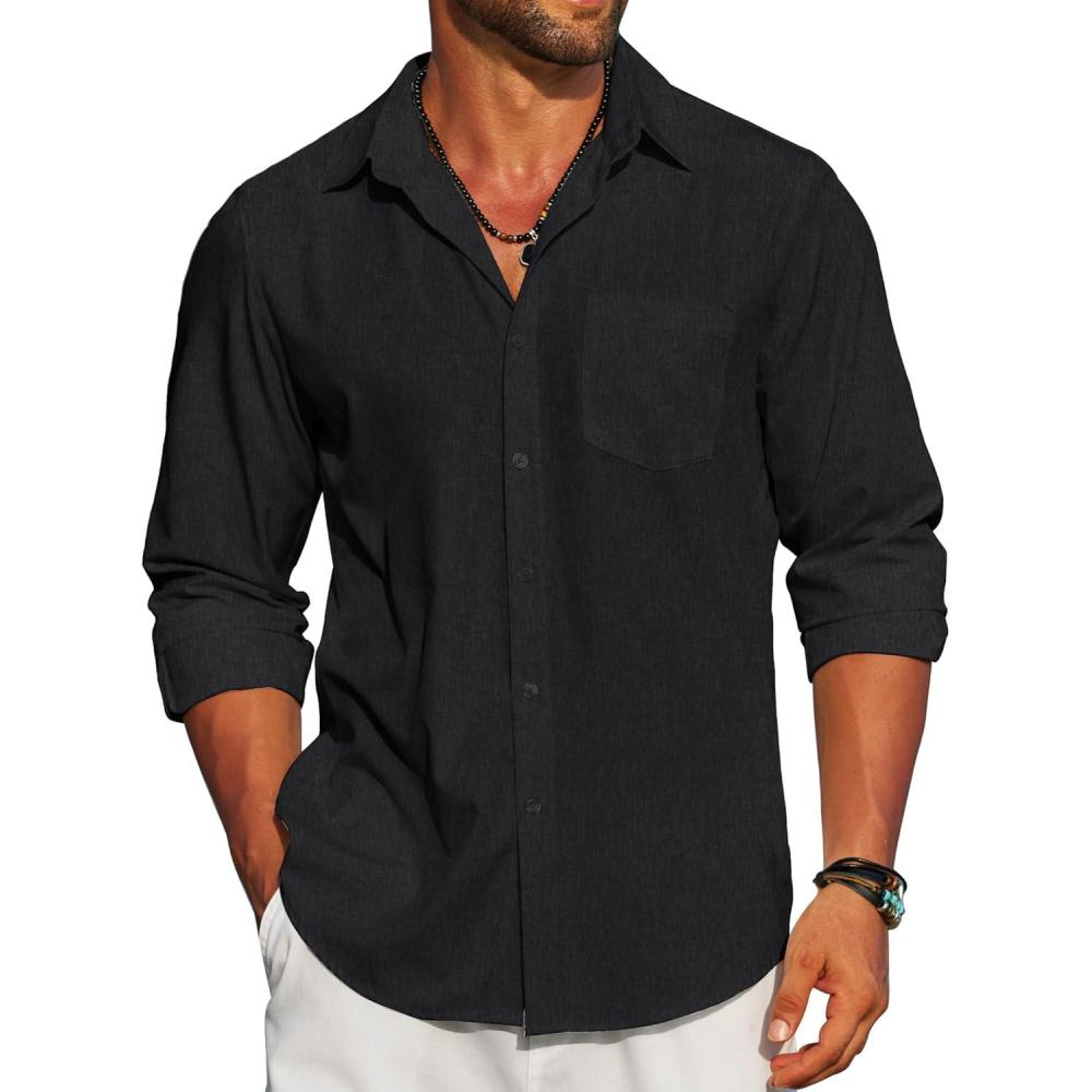 imageCOOFANDY Mens Linen Long Sleeve Shirts Casual Button Down Untucked Shirt Vacation Wedding Shirts with PocketAblack