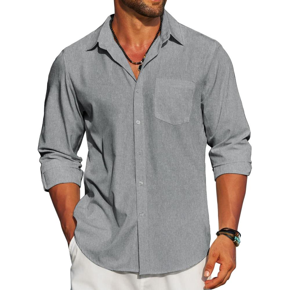 imageCOOFANDY Mens Linen Long Sleeve Shirts Casual Button Down Untucked Shirt Vacation Wedding Shirts with PocketDark Grey
