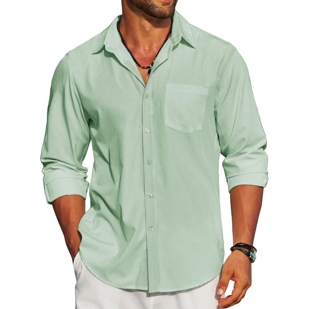 imageCOOFANDY Mens Linen Long Sleeve Shirts Casual Button Down Untucked Shirt Vacation Wedding Shirts with PocketLight Green