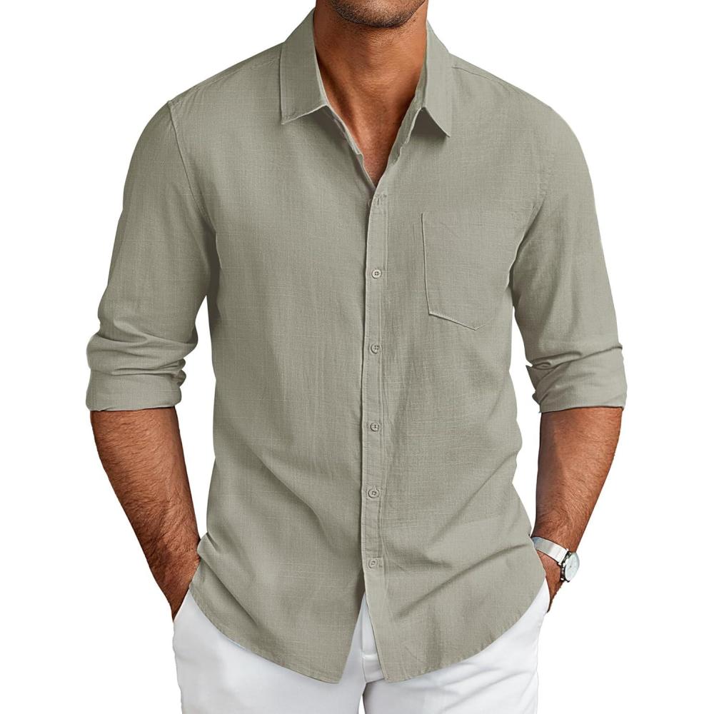 imageCOOFANDY Mens Linen Long Sleeve Shirts Casual Button Down Untucked Shirt Vacation Wedding Shirts with PocketLight Grey