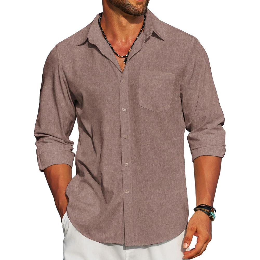 imageCOOFANDY Mens Linen Long Sleeve Shirts Casual Button Down Untucked Shirt Vacation Wedding Shirts with PocketRed