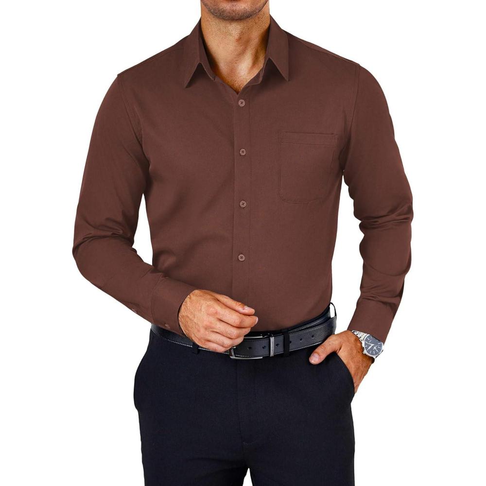 imageCOOFANDY Mens Long Sleeve Button Down Shirts Wrinkle Free Shacket Jacket Stretch Casual OvershirtBrown