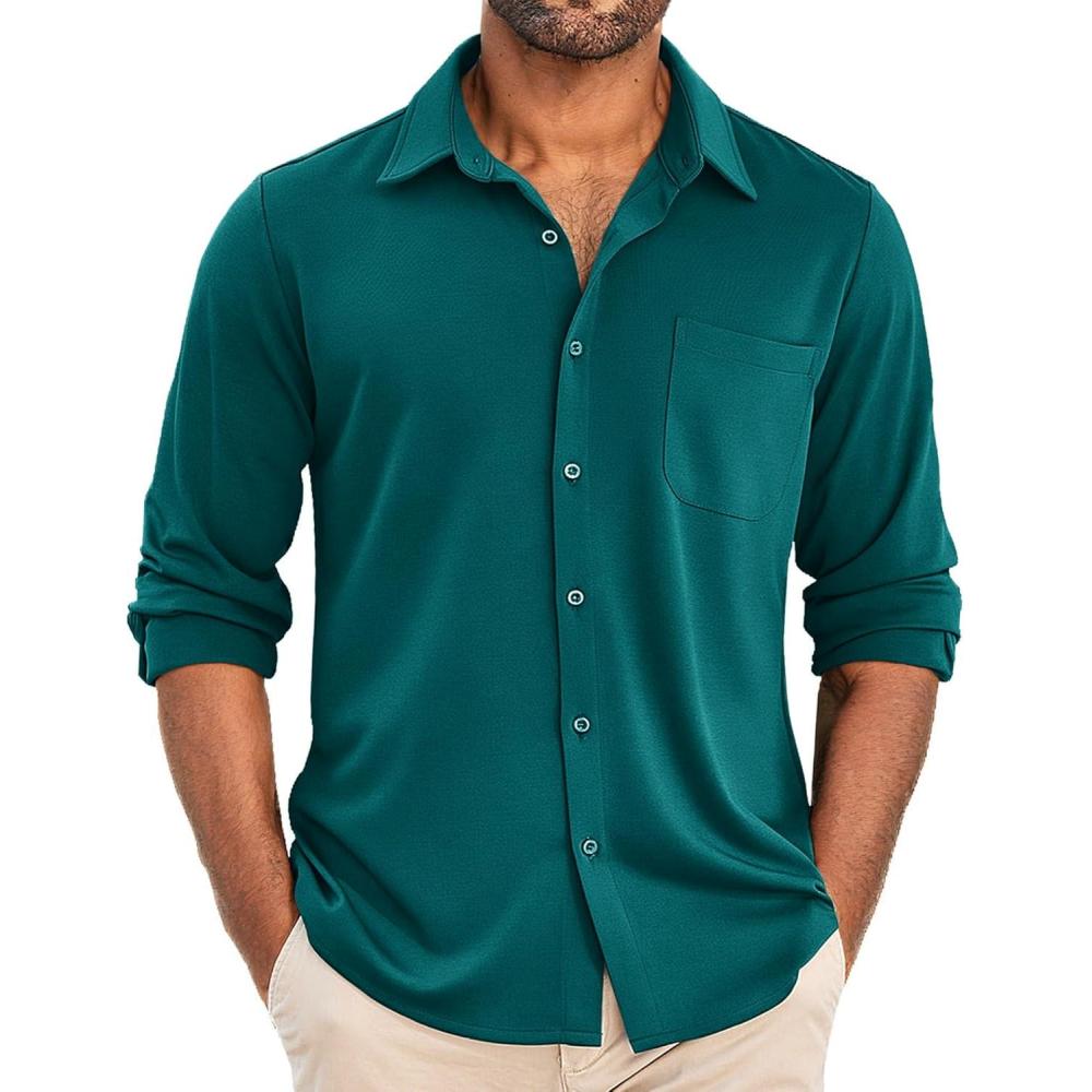 imageCOOFANDY Mens Long Sleeve Wrinkle Free Shirt Casual Button Down Shirts Stretch Dress Shirt with PocketLake Green