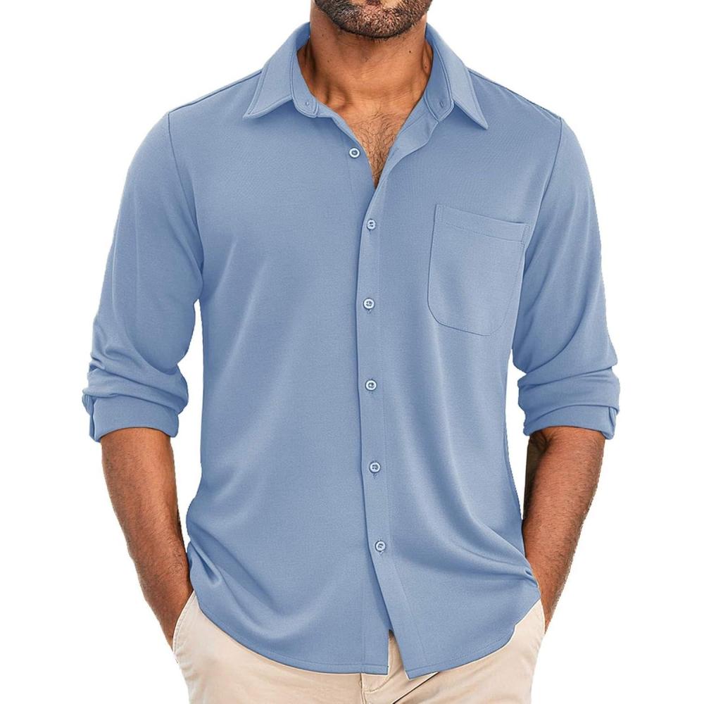 imageCOOFANDY Mens Long Sleeve Wrinkle Free Shirt Casual Button Down Shirts Stretch Dress Shirt with PocketLight Blue