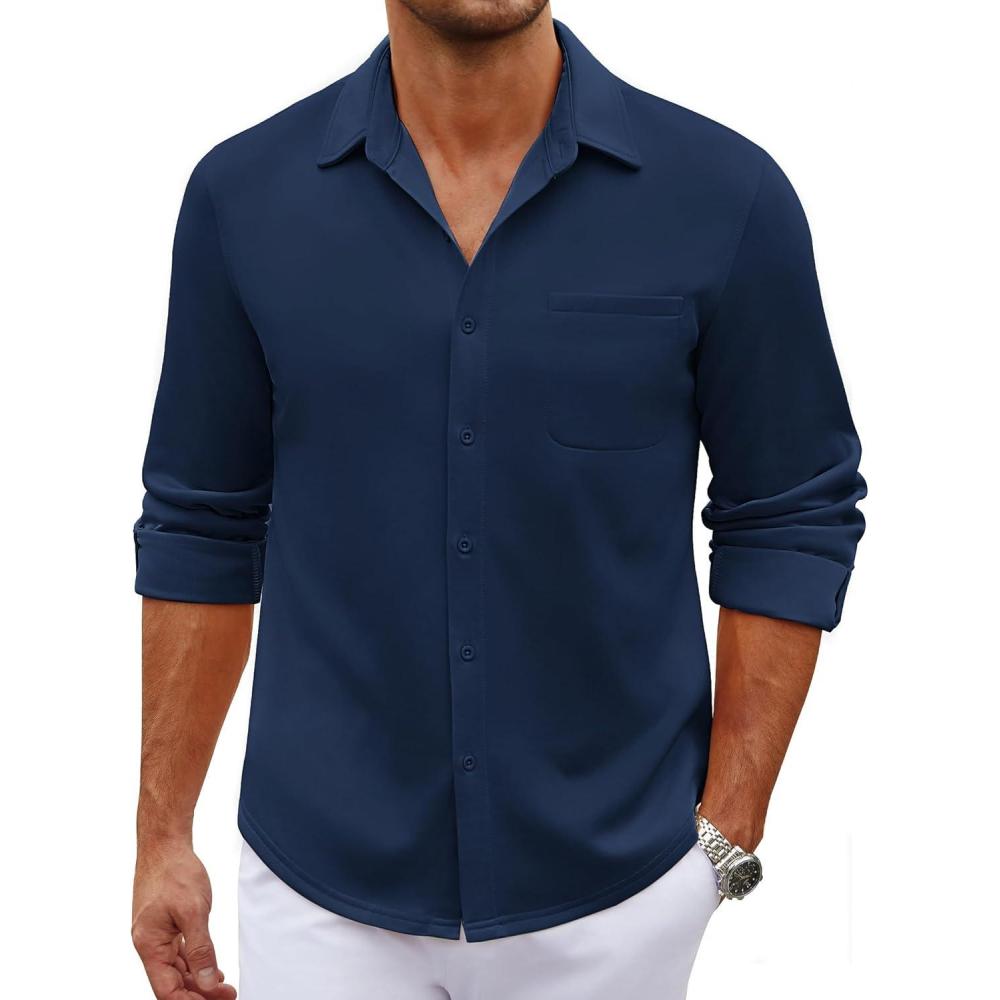 imageCOOFANDY Mens Long Sleeve Wrinkle Free Shirt Casual Button Down Shirts Stretch Dress Shirt with PocketNavy Blue