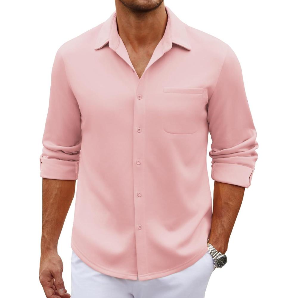 imageCOOFANDY Mens Long Sleeve Wrinkle Free Shirt Casual Button Down Shirts Stretch Dress Shirt with PocketPink