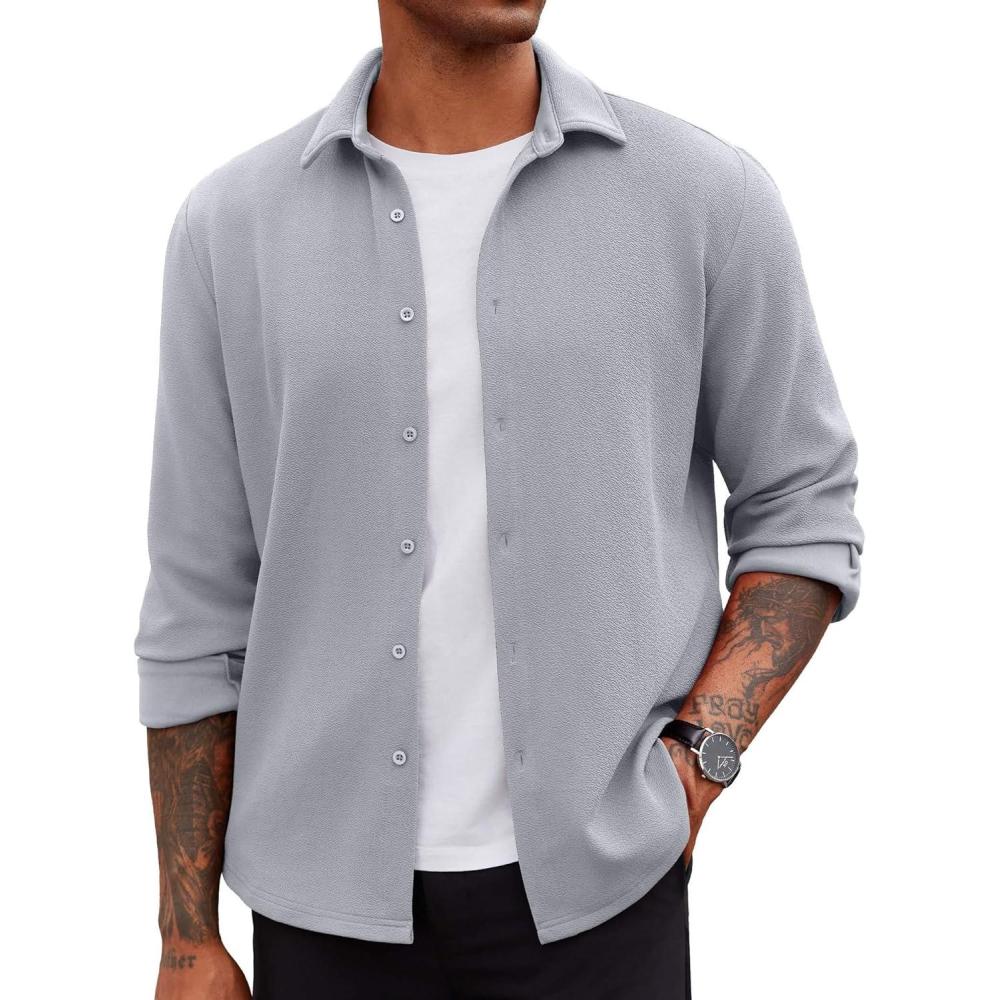 imageCOOFANDY Mens Overshirt Shacket Jacket Mens Textured Button Down Long Sleeve Shirts Fashion Jacket