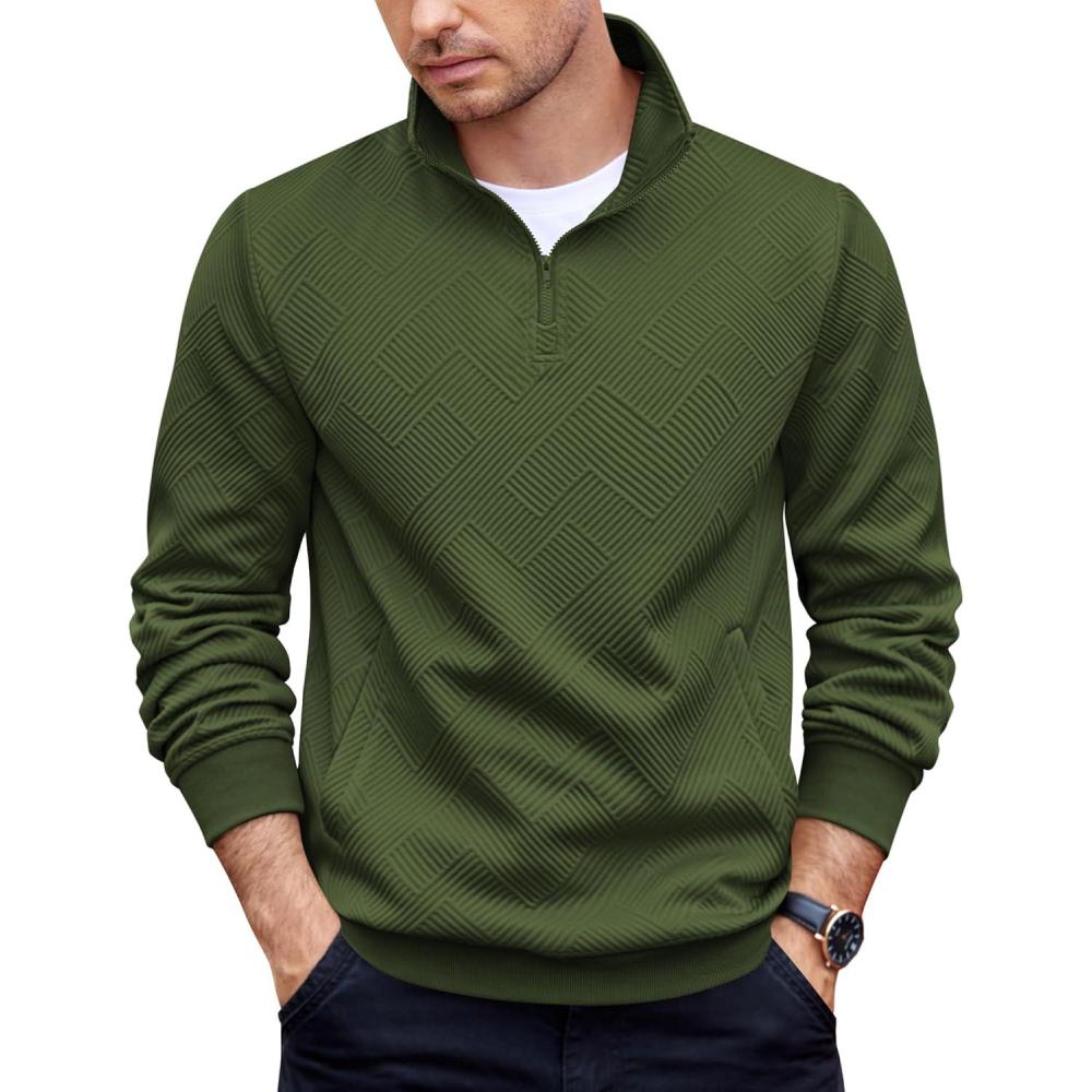 imageCOOFANDY Mens Quarter Zip Pullover Casual Long Sleeve Quilted Sweatshirt Mock Neck Polo Sweater with PocketArmy Green