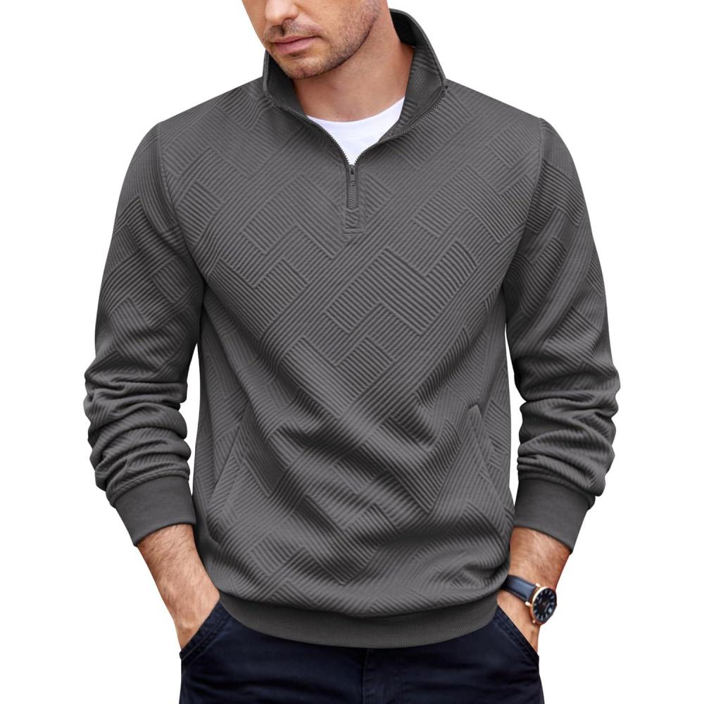 imageCOOFANDY Mens Quarter Zip Pullover Casual Long Sleeve Quilted Sweatshirt Mock Neck Polo Sweater with PocketDark Gray