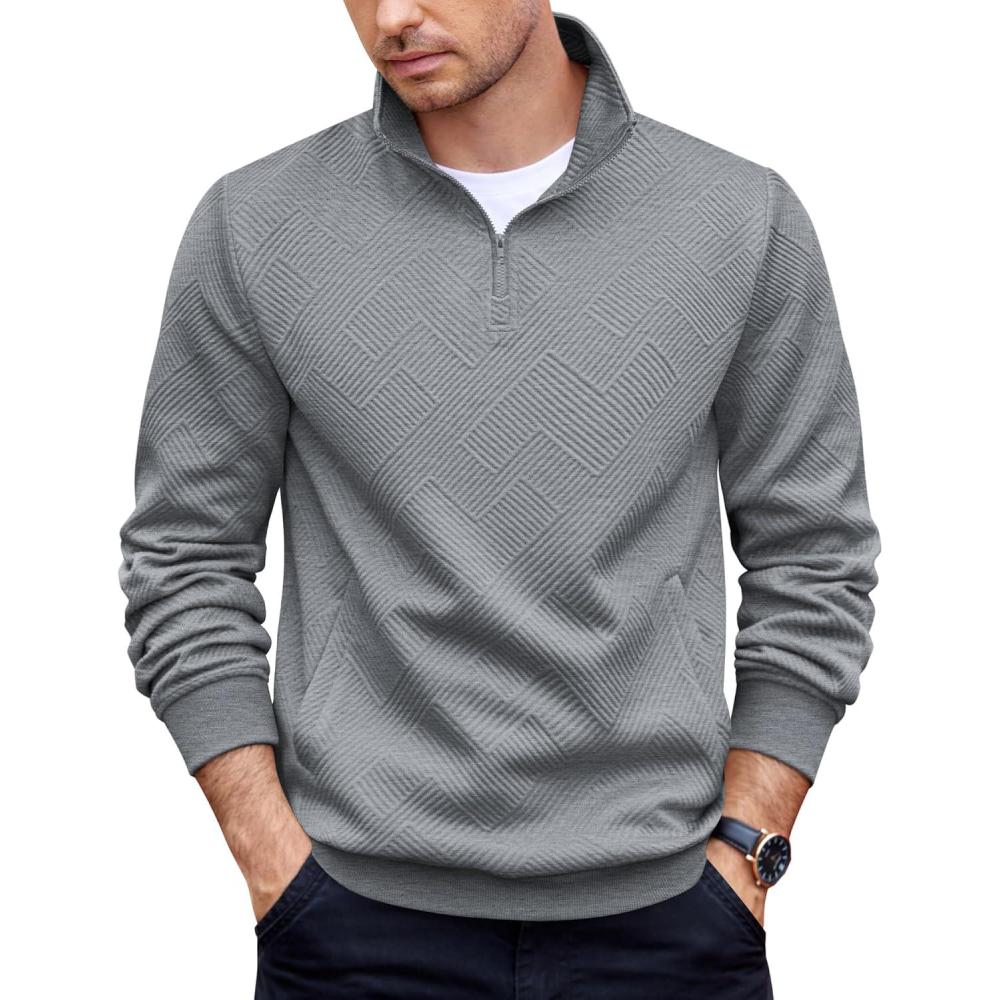 imageCOOFANDY Mens Quarter Zip Pullover Casual Long Sleeve Quilted Sweatshirt Mock Neck Polo Sweater with PocketLight Grey