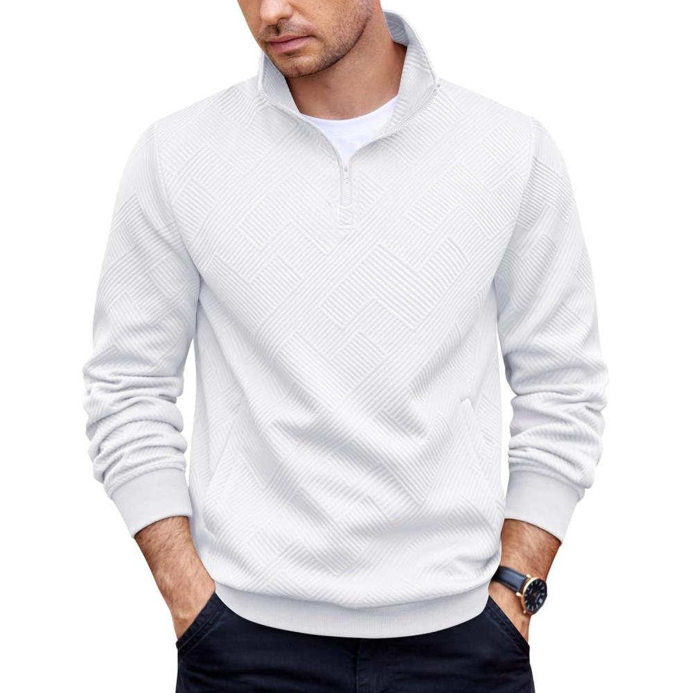 imageCOOFANDY Mens Quarter Zip Pullover Casual Long Sleeve Quilted Sweatshirt Mock Neck Polo Sweater with PocketWhite