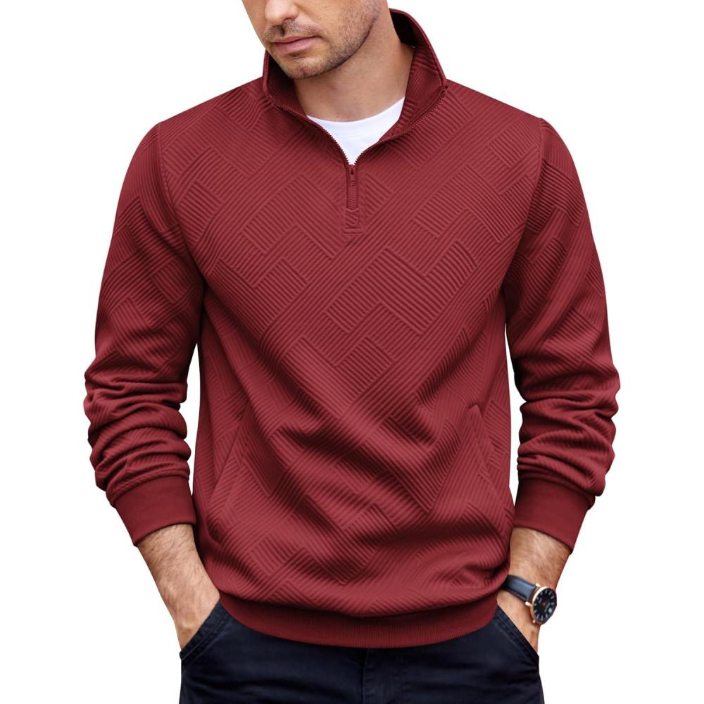 imageCOOFANDY Mens Quarter Zip Pullover Casual Long Sleeve Quilted Sweatshirt Mock Neck Polo Sweater with PocketWine Red