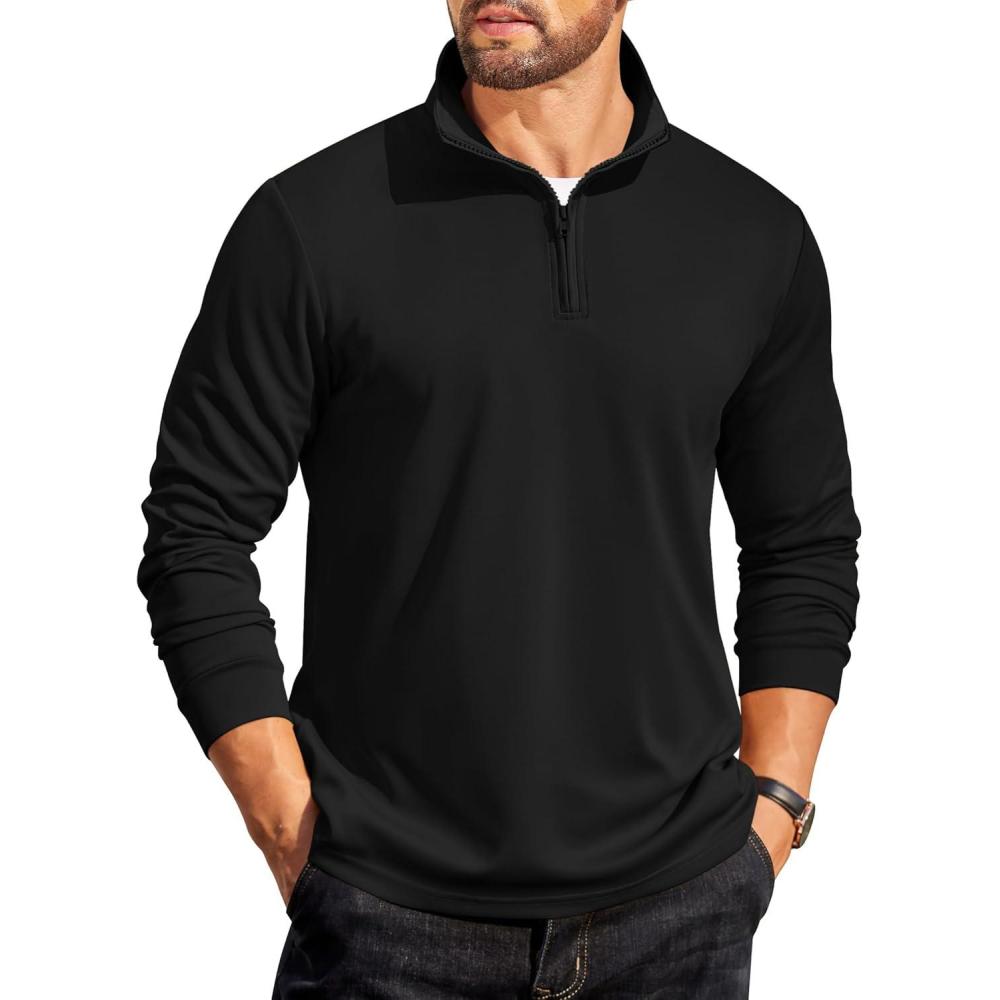 imageCOOFANDY Mens Quarter Zip Pullover Long Sleeve Casual 14 Zip Sweatshirt Lightweight Solid Mock Neck Sweater PoloBlack
