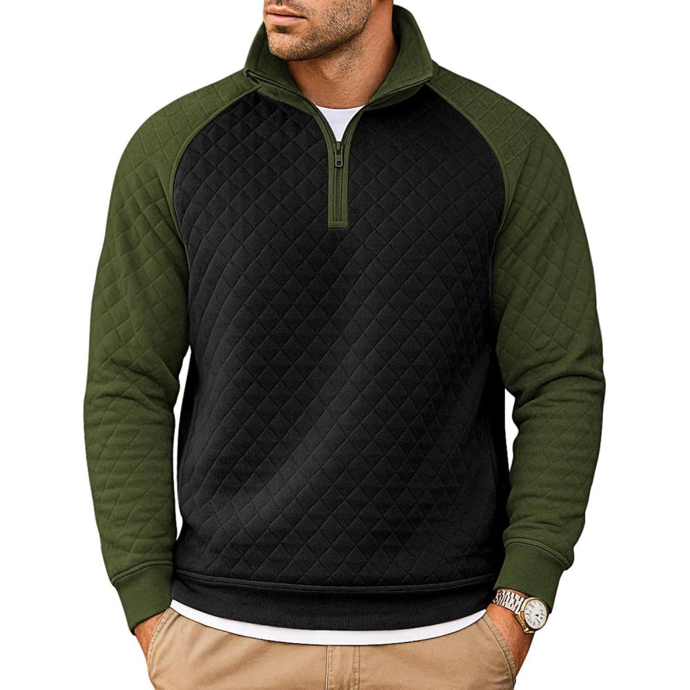 imageCOOFANDY Mens Quarter Zip Pullover Quilted Sweatshirt Knit Long Sleeve Sweater Half Zip Polo Sweatshirts with PocketArmy GreenBlack