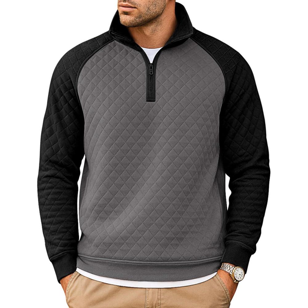 imageCOOFANDY Mens Quarter Zip Pullover Quilted Sweatshirt Knit Long Sleeve Sweater Half Zip Polo Sweatshirts with PocketBlackDark Gray