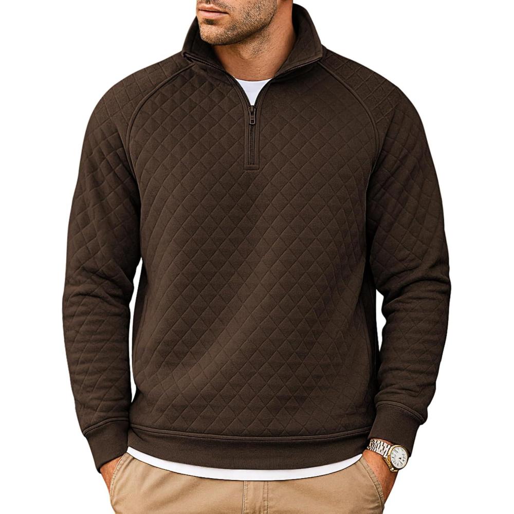 imageCOOFANDY Mens Quarter Zip Pullover Quilted Sweatshirt Knit Long Sleeve Sweater Half Zip Polo Sweatshirts with PocketBrown