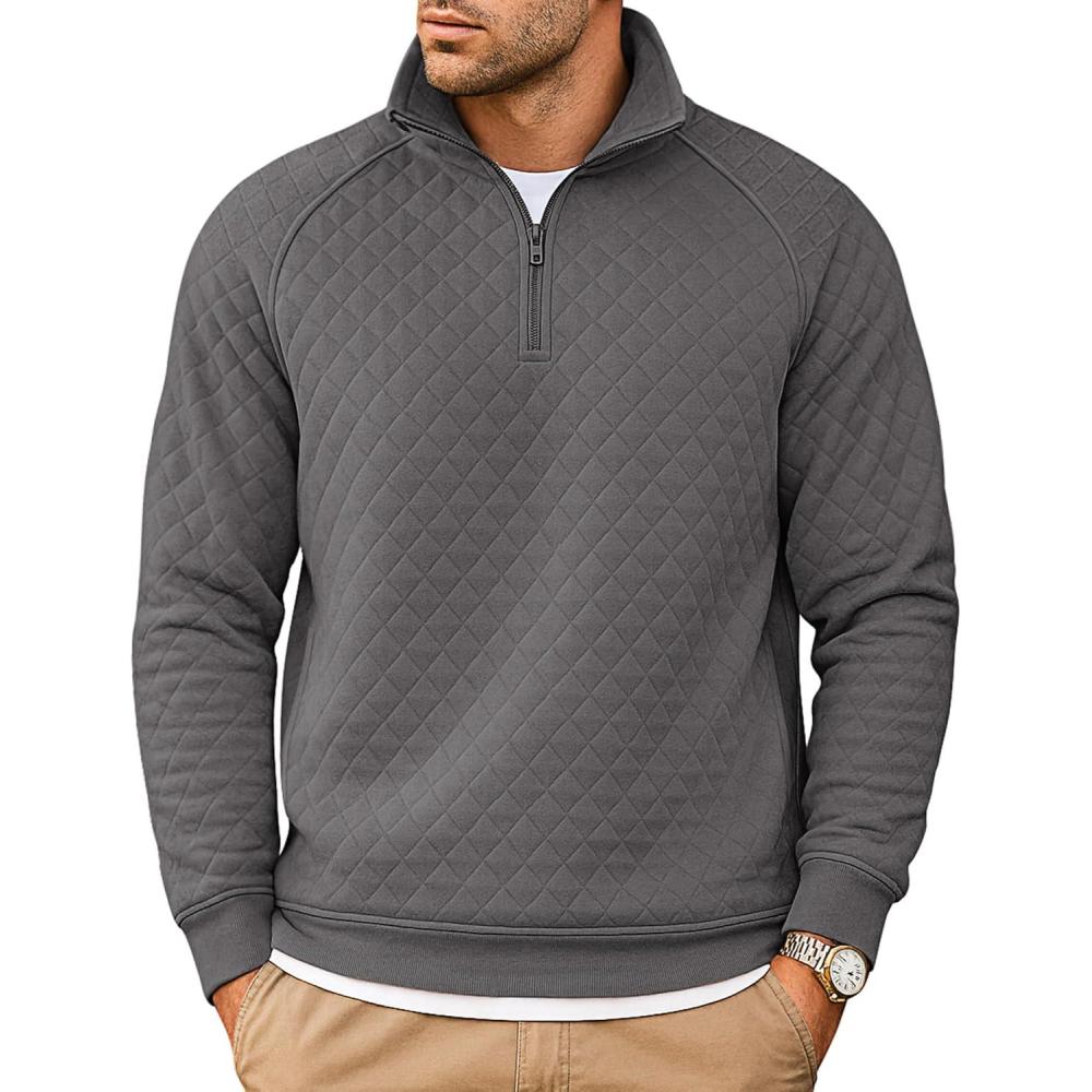 imageCOOFANDY Mens Quarter Zip Pullover Quilted Sweatshirt Knit Long Sleeve Sweater Half Zip Polo Sweatshirts with PocketDark Gray