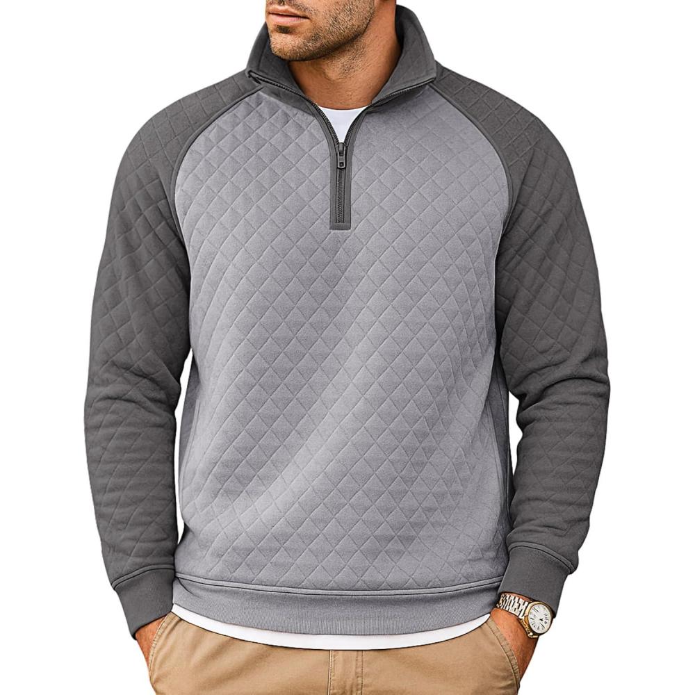 imageCOOFANDY Mens Quarter Zip Pullover Quilted Sweatshirt Knit Long Sleeve Sweater Half Zip Polo Sweatshirts with PocketDark GrayLight Grey