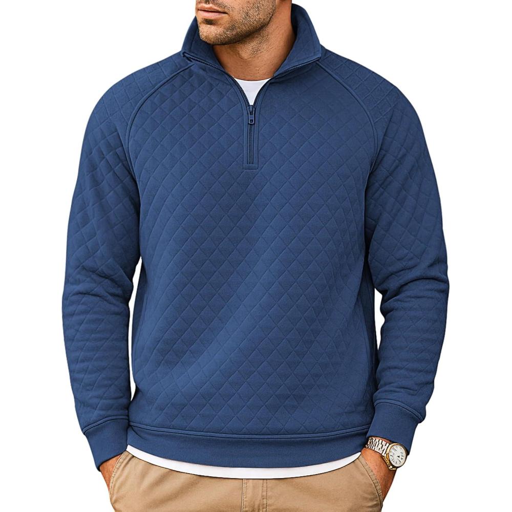 imageCOOFANDY Mens Quarter Zip Pullover Quilted Sweatshirt Knit Long Sleeve Sweater Half Zip Polo Sweatshirts with PocketSlate Blue