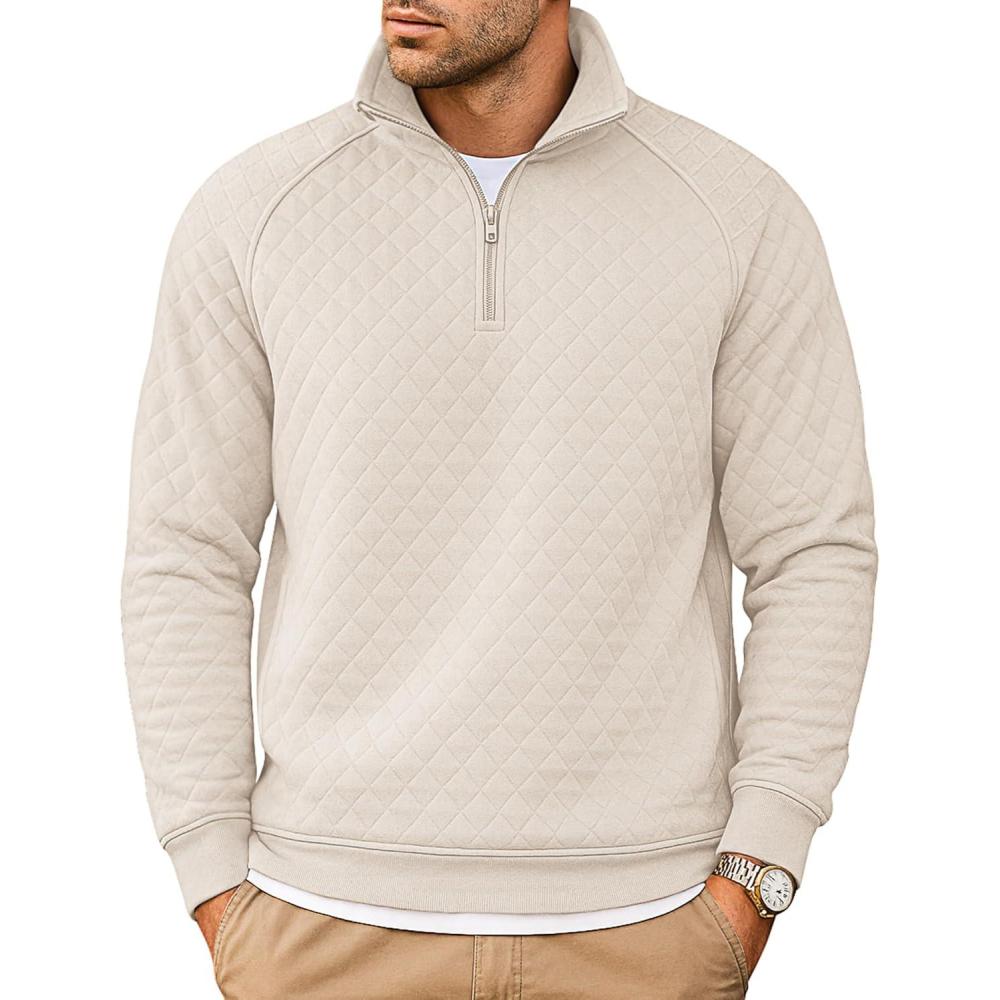 imageCOOFANDY Mens Quarter Zip Pullover Quilted Sweatshirt Knit Long Sleeve Sweater Half Zip Polo Sweatshirts with PocketWhite