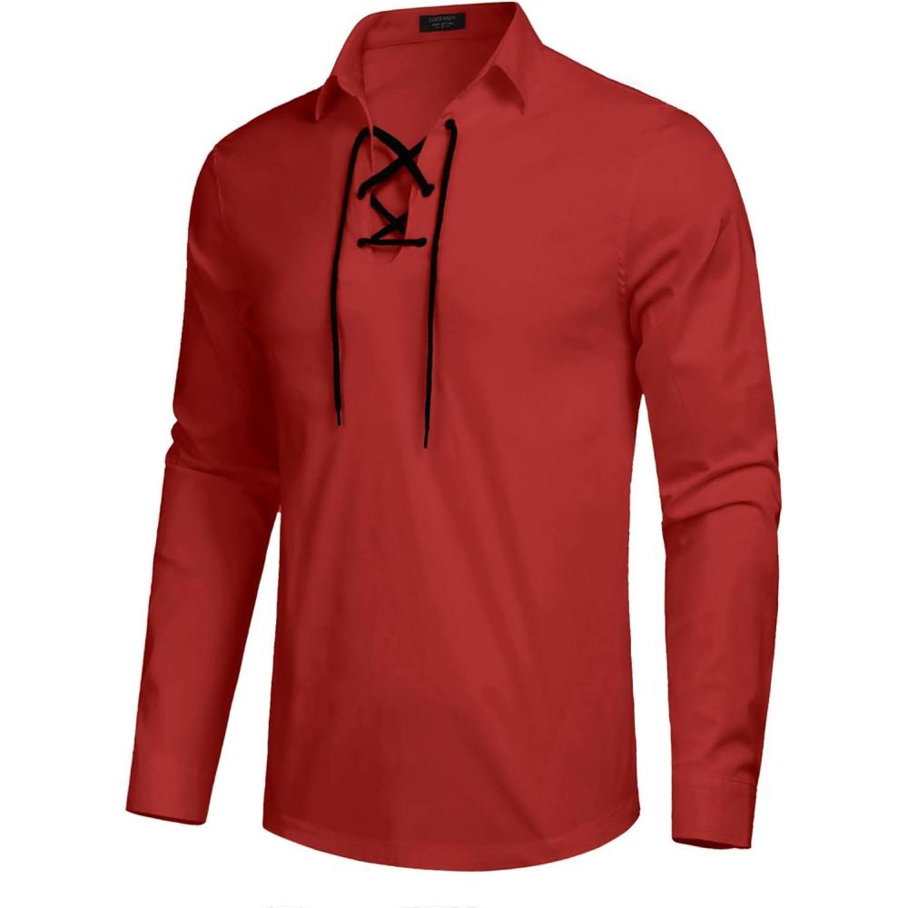 imageCOOFANDY Mens Scottish Jacobite Ghillie Kilt Shirts Medieval Renaissance Pirate Costume Long Sleeve Lace Up Henley ShirtRed