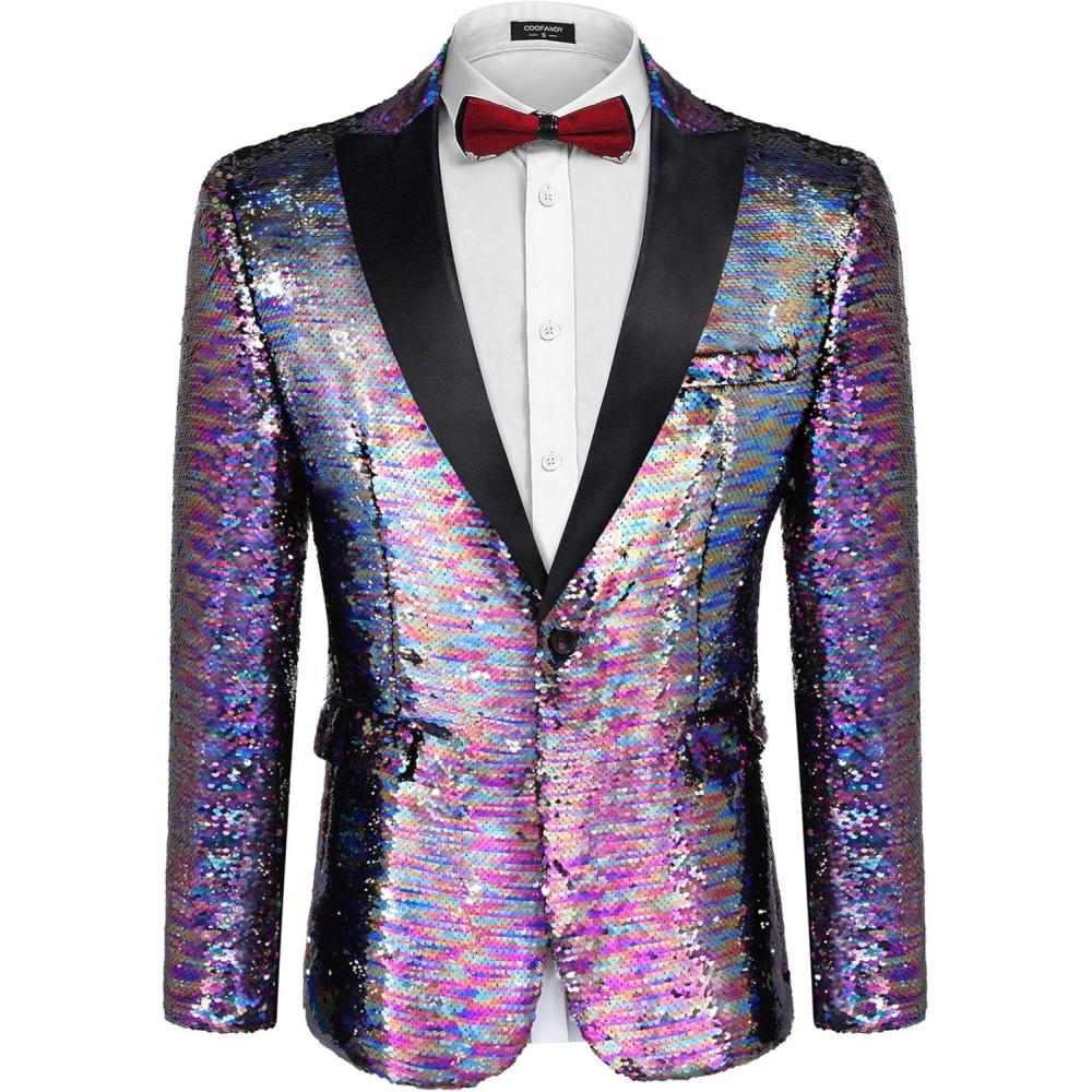 imageCOOFANDY Mens Sequin Blazer Tuxedo Party Prom Wedding Tuxedo One Button JacketBlue Purple