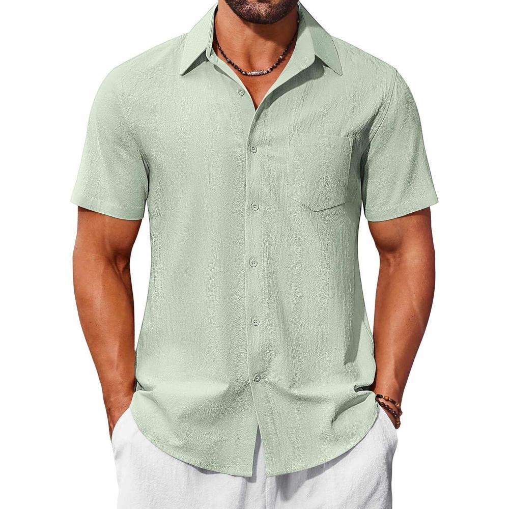 imageCOOFANDY Mens Short Sleeve Button Down Shirt Casual Summer Beach Untucked Vacation Textured Shirts with PocketLight Green