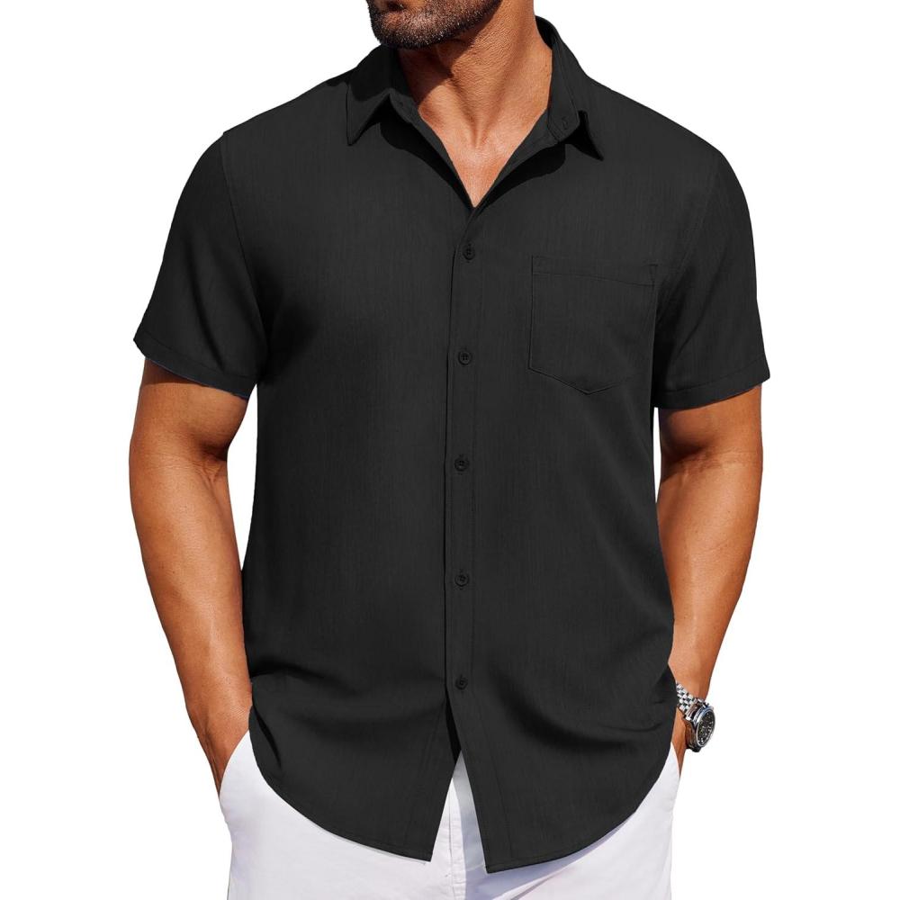 imageCOOFANDY Mens Short Sleeve Button Down Shirt Casual Untucked Dress Shirt Stretch Denim ShirtBlack