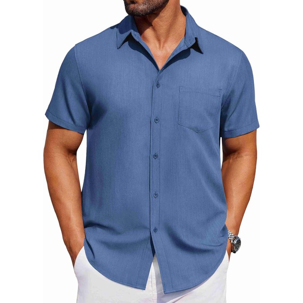 imageCOOFANDY Mens Short Sleeve Button Down Shirt Casual Untucked Dress Shirt Stretch Denim ShirtBlue