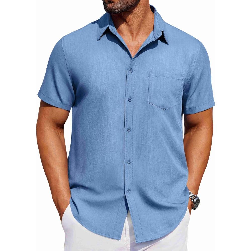 imageCOOFANDY Mens Short Sleeve Button Down Shirt Casual Untucked Dress Shirt Stretch Denim ShirtLight Blue