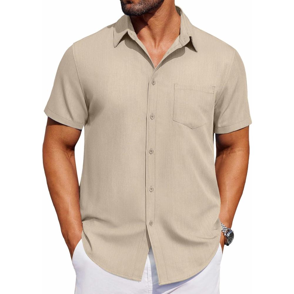 imageCOOFANDY Mens Short Sleeve Button Down Shirt Casual Untucked Dress Shirt Stretch Denim ShirtLight Khaki