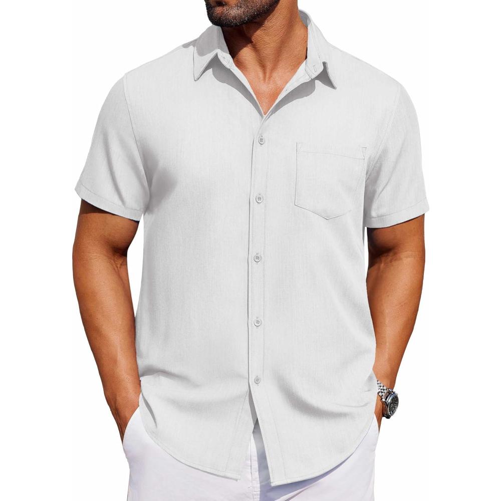 imageCOOFANDY Mens Short Sleeve Button Down Shirt Casual Untucked Dress Shirt Stretch Denim ShirtWhite