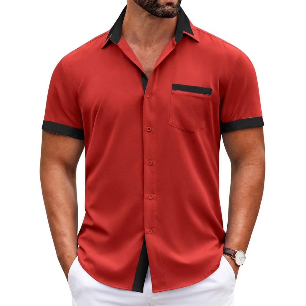 imageCOOFANDY Mens Short Sleeve Button Down Shirts Casual Wrinkle Free Dress Shirt Plaid Collar Summer ShirtsRedblack