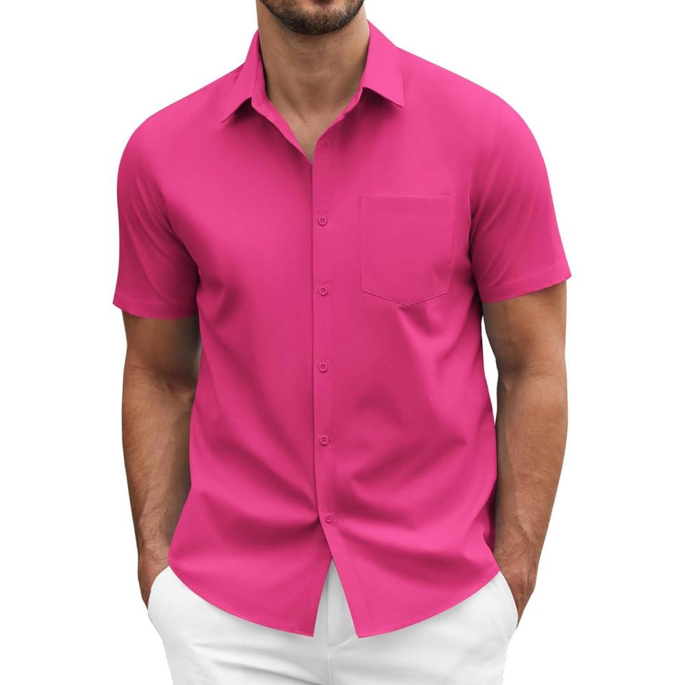 imageCOOFANDY Mens Short Sleeve Casual Button Down Shirt Business Untucked Dress Shirts with PocketBright Pink