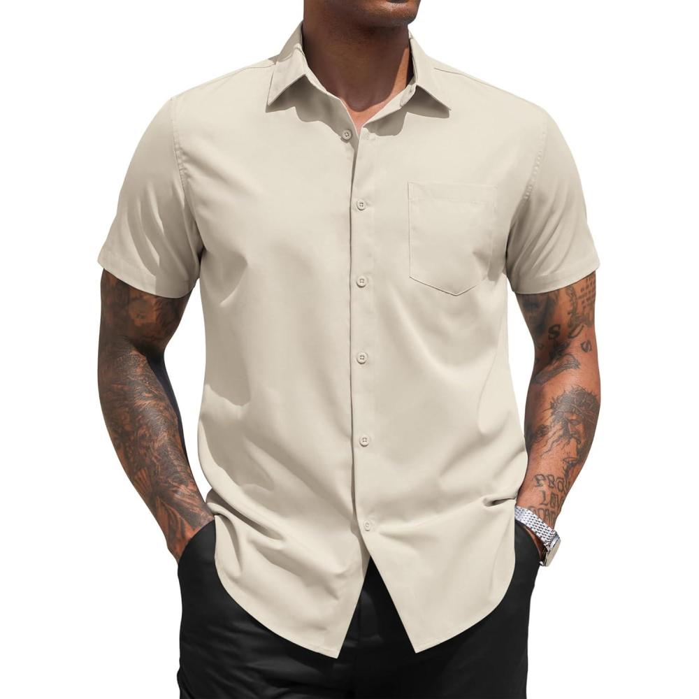 imageCOOFANDY Mens Short Sleeve Casual Button Down Shirt Business Untucked Dress Shirts with PocketKhaki