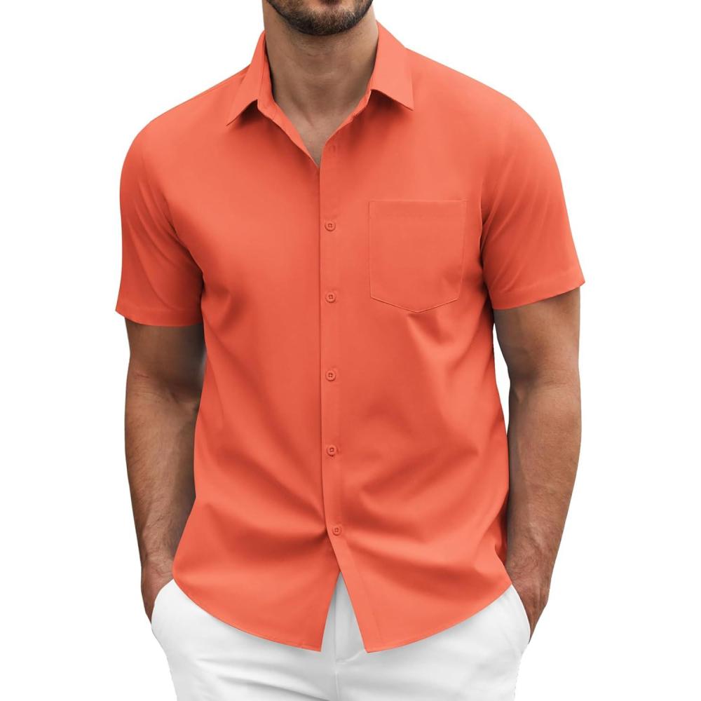 imageCOOFANDY Mens Short Sleeve Casual Button Down Shirt Business Untucked Dress Shirts with PocketOrange