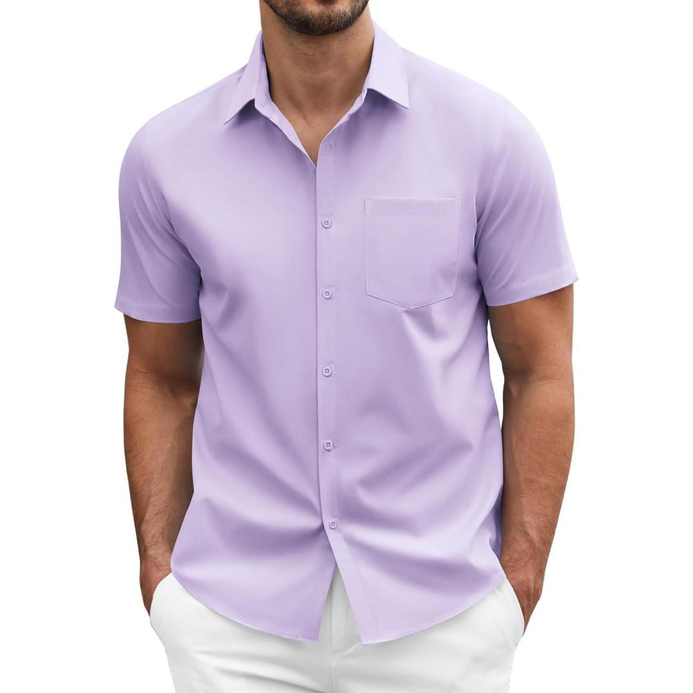 imageCOOFANDY Mens Short Sleeve Casual Button Down Shirt Business Untucked Dress Shirts with PocketPurple