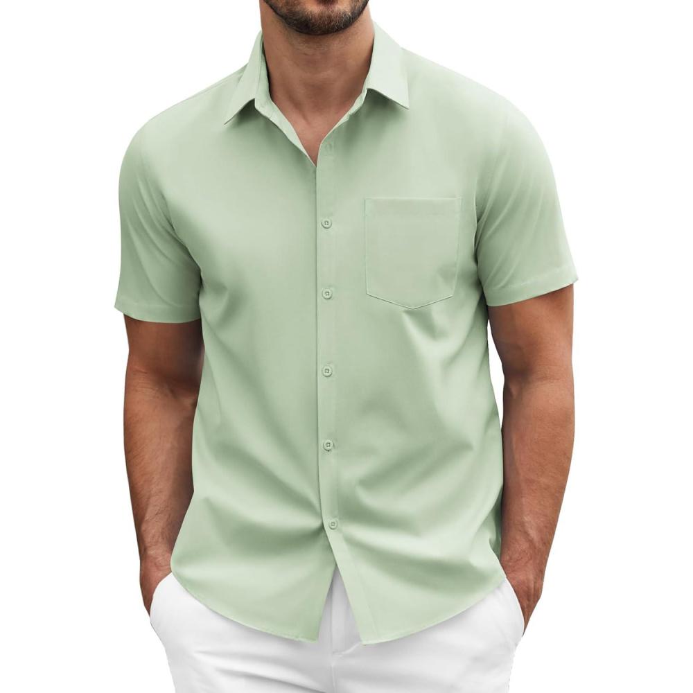 imageCOOFANDY Mens Short Sleeve Casual Button Down Shirt Business Untucked Dress Shirts with PocketSage Green