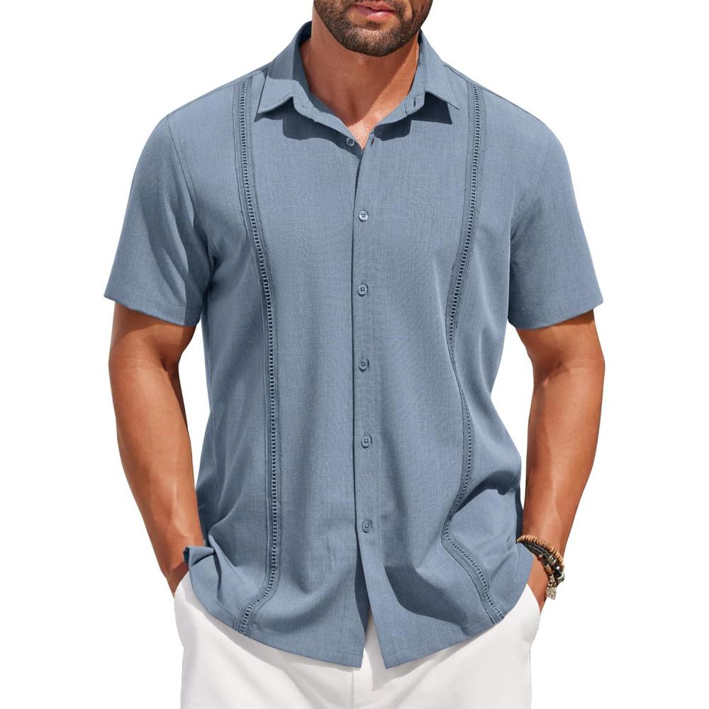 imageCOOFANDY Mens Short Sleeve Cuban Guayabera Shirt Casual Summer Beach Button Down ShirtsAblue