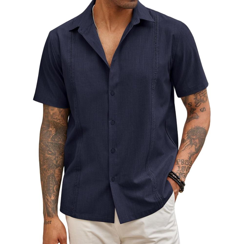 imageCOOFANDY Mens Short Sleeve Cuban Guayabera Shirt Casual Summer Beach Button Down ShirtsBlue Violet