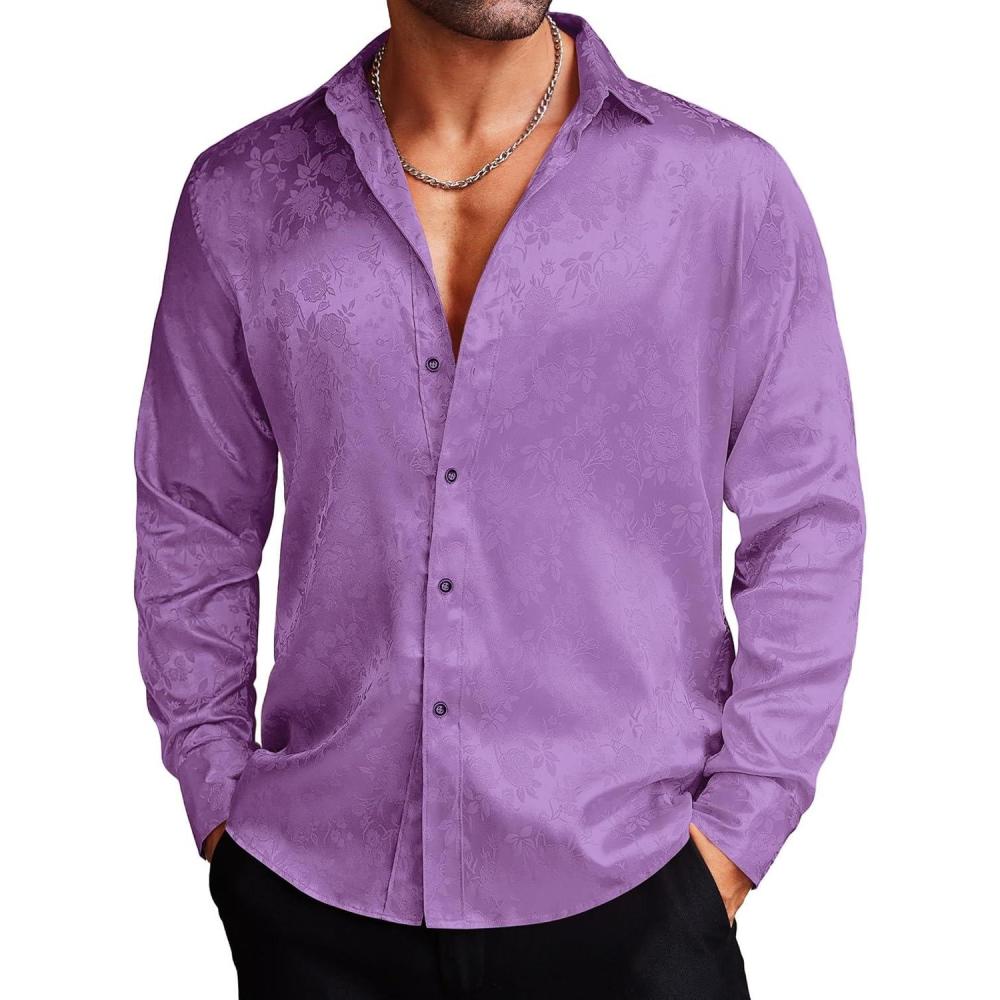 imageCOOFANDY Mens Silk Satin Dress Shirts Jacquard Long Sleeve Floral Button Up Shirts Party Prom Wedding ShirtViolet