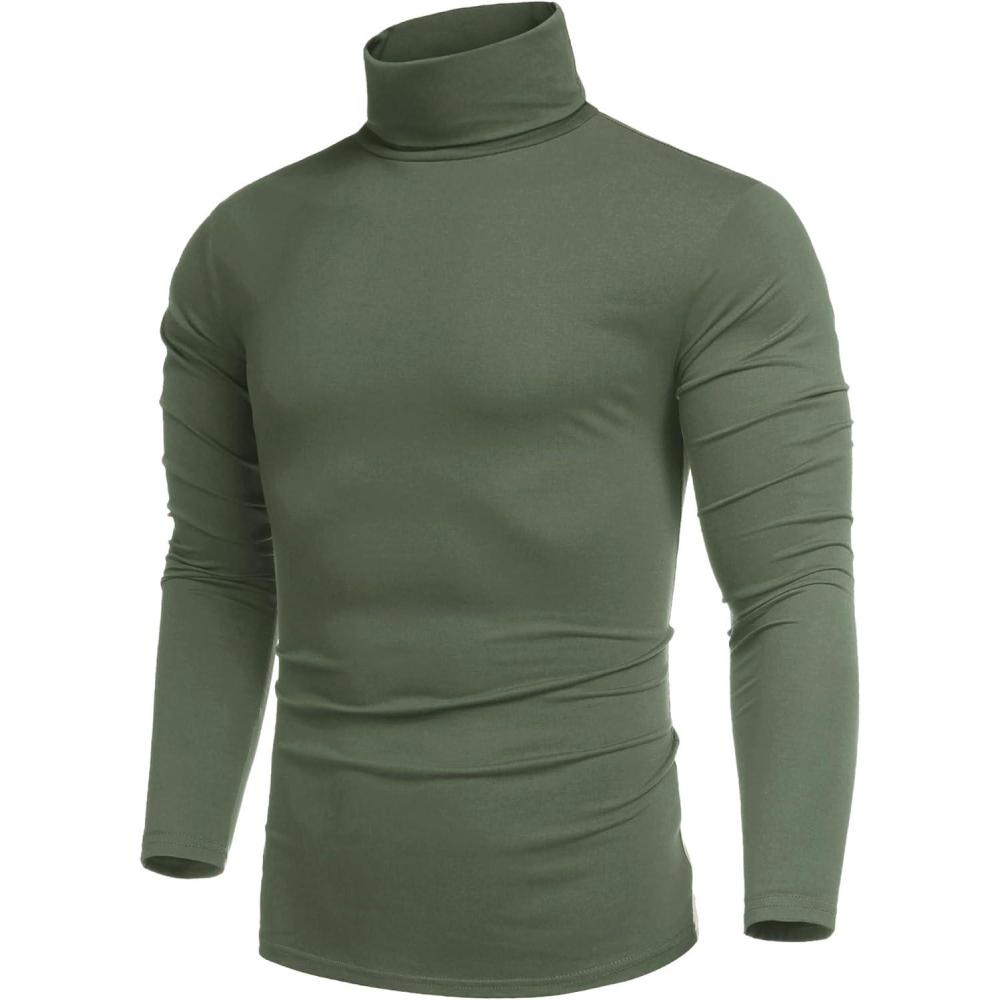imageCOOFANDY Mens Slim Fit Turtleneck Cotton T Shirts Casual Long Sleeve Lightweight Pullover Sweater Basic TopsArmy Green