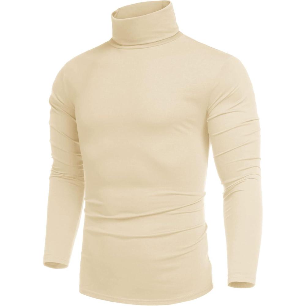 imageCOOFANDY Mens Slim Fit Turtleneck Cotton T Shirts Casual Long Sleeve Lightweight Pullover Sweater Basic TopsBeige