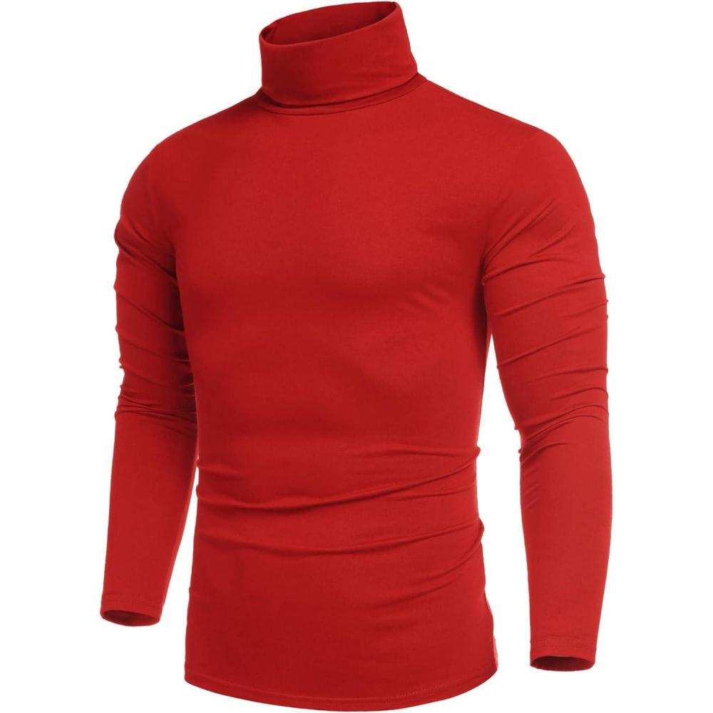 imageCOOFANDY Mens Slim Fit Turtleneck Cotton T Shirts Casual Long Sleeve Lightweight Pullover Sweater Basic TopsRed