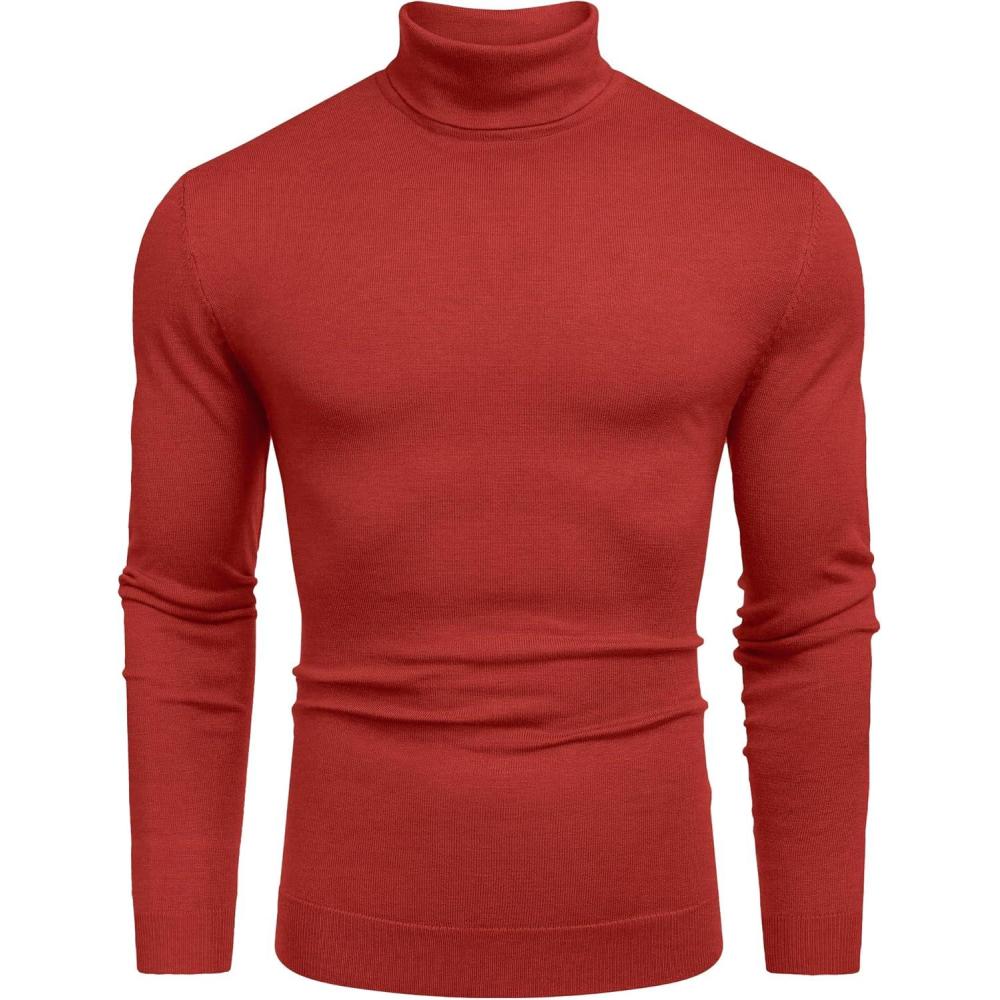 imageCOOFANDY Mens Slim Fit Turtleneck Sweater Casual Basic Knitted Long Sleeve Pullover SweaterRed