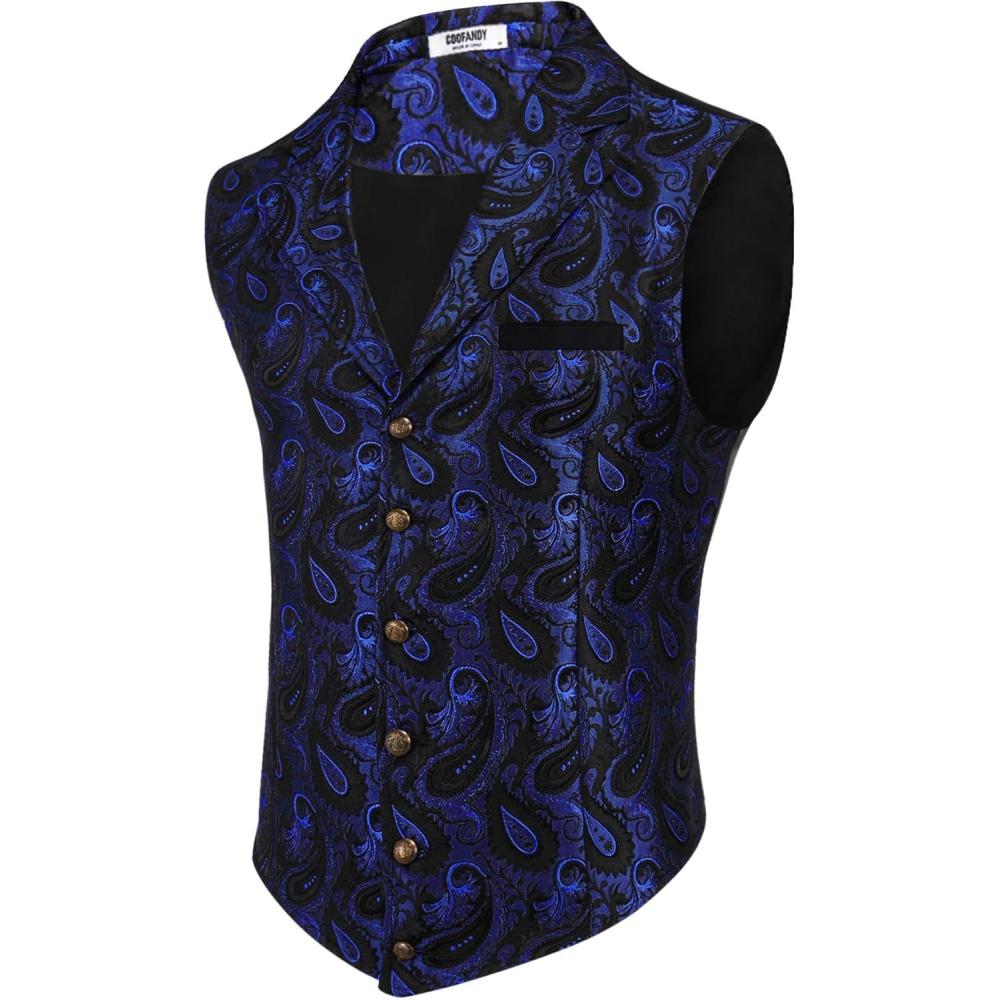 imageCOOFANDY Mens Suit Vest Paisley Floral Victorian Vests Gothic Steampunk Formal Waistcoat Tuxedo Vests with Notched LapelsBlue Paisley