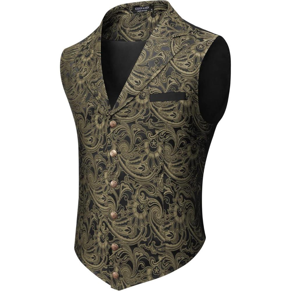 imageCOOFANDY Mens Suit Vest Paisley Floral Victorian Vests Gothic Steampunk Formal Waistcoat Tuxedo Vests with Notched LapelsGold Black