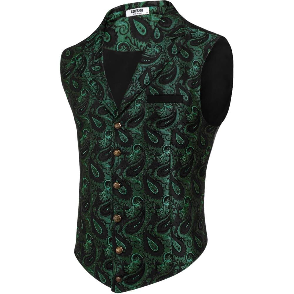 imageCOOFANDY Mens Suit Vest Paisley Floral Victorian Vests Gothic Steampunk Formal Waistcoat Tuxedo Vests with Notched LapelsGreen Paisley