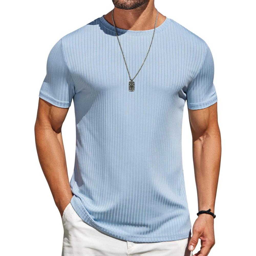 imageCOOFANDY Mens TShirts Short Sleeve Plain Tshirts Casual Crew Neck Basic T Shirt Soft Cooling Fitted Stretch Tee ShirtsLight Blue